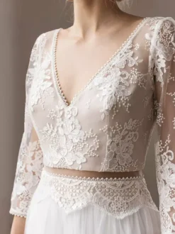 Ivory Boho Wedding Dress Lace A-Line With Train Long Sleeves V-Neck Bridal Dress Free Customization