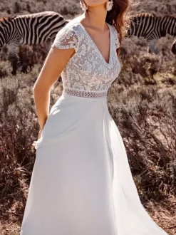 Ivory Boho Wedding Dress Lace A-Line With Train Backless Short Sleeves V-Neck Bridal Dresses Free Customization