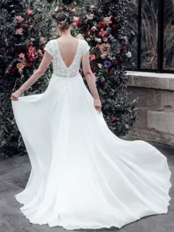 Ivory Boho Wedding Dress Lace A-Line Backless Short Sleeves V-Neck Bridal Dress With Train Free Customization