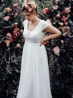 Ivory Boho Wedding Dress Lace A-Line Backless Short Sleeves V-Neck Bridal Dress With Train Free Customization