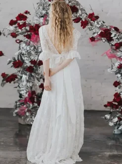 Ivory Boho Wedding Dress Lace A-Line With Train Backless Half Sleeves V-Neck Bridal Dresses Free Customization