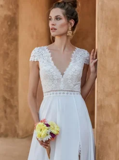 Ivory Boho Wedding Dress Lace Split Front A-Line Backless Short Sleeves V-Neck Bridal Dress With Train Free Customization