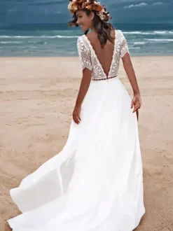Ivory Boho Wedding Dress Lace A-Line With Train Backless Short Sleeves V-Neck Bridal Dresses Free Customization
