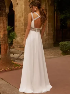 Ivory Boho Wedding Dress Chiffon Lace A-Line Sleeveless V-Neck Bridal Dress With Train Free Customization