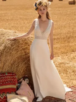 Ivory Boho Wedding Dress Lace Lace A-Line With Train Backless Sleeveless V-Neck Bridal Dresses Free Customization