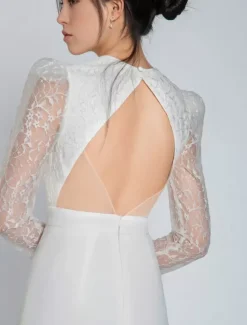 Ivory Bridal Jumpsuit Stretch Crepe Lace Floor-Length A-Line V-Neck Long Sleeves Raised Waist Wedding Jumpsuit Free Customization