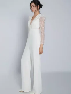 Ivory Bridal Jumpsuit Stretch Crepe Lace Floor-Length A-Line V-Neck Long Sleeves Raised Waist Wedding Jumpsuit Free Customization
