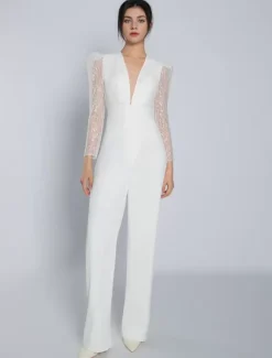 Ivory Bridal Jumpsuit Stretch Crepe Lace Floor-Length A-Line V-Neck Long Sleeves Raised Waist Wedding Jumpsuit Free Customization