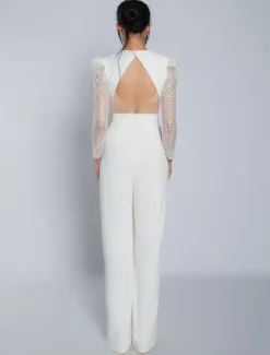 Ivory Bridal Jumpsuit Stretch Crepe Lace Floor-Length A-Line V-Neck Long Sleeves Raised Waist Wedding Jumpsuit Free Customization