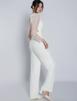 Ivory Bridal Jumpsuit Stretch Crepe Lace Floor-Length A-Line V-Neck Long Sleeves Raised Waist Wedding Jumpsuit Free Customization