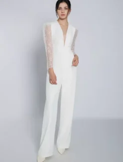 Ivory Bridal Jumpsuit Stretch Crepe Lace Floor-Length A-Line V-Neck Long Sleeves Raised Waist Wedding Jumpsuit Free Customization