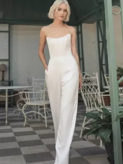 Ivory Bridal Jumpsuit Stretch Crepe Floor-Length A-Line Strapless Sleeveless Raised Waist Jumpsuit
