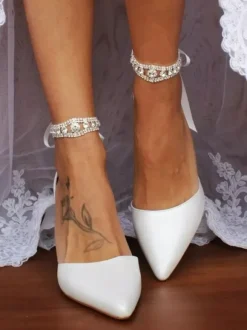 Ivory Chunky Heel Bridal Shoes Pointy Toe Rhinestones Lace Up Wedding Shoes 2026
