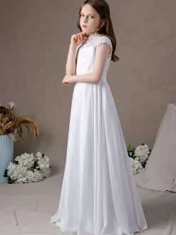 Ivory Flower Girl Dress Lace Jewel Neck Short Sleeves Kids Birthday Party Dresses