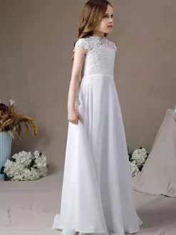 Ivory Flower Girl Dress Lace Jewel Neck Short Sleeves Kids Birthday Party Dresses