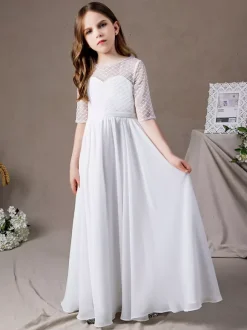 Ivory Flower Girl Dress Lace Jewel Neck Half Sleeves Kids Birthday Party Dresses