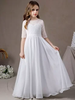 Ivory Flower Girl Dress Lace Jewel Neck Half Sleeves Kids Birthday Party Dresses