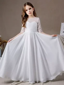 Ivory Flower Girl Dress Lace Jewel Neck Half Sleeves Kids Birthday Party Dresses