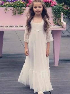 Ivory Flower Girl Dress Lace Bows Jewel Neck 3/4 Length Sleeves Kids Birthday Party Dresses