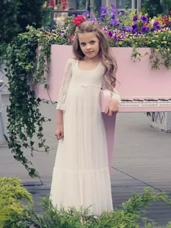 Ivory Flower Girl Dress Lace Bows Jewel Neck 3/4 Length Sleeves Kids Birthday Party Dresses