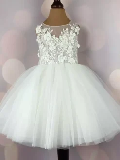 Ivory Flower Girl Dress Lace Bows Jewel Neck Sleeveless Kids Birthday Party Dresses