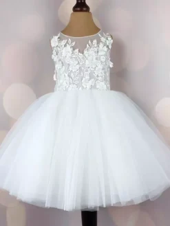 Ivory Flower Girl Dress Lace Bows Jewel Neck Sleeveless Kids Birthday Party Dresses