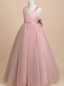 Ivory Flower Girl Dress Tulle Bows V-Neck Sleeveless Girls Party Dresses
