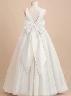 Ivory Flower Girl Dress Tulle Bows V-Neck Sleeveless Girls Party Dresses