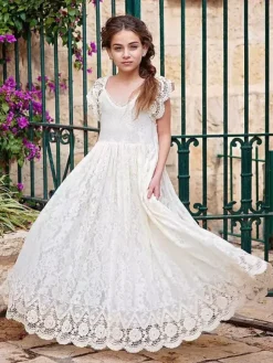 Ivory Flower Girl Dresses Jewel Neck Lace Short Sleeves Floor-Length A-Line Lace Kids Social Party Dresses