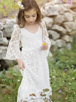 Ivory Flower Girl Dresses Jewel Neck Long Sleeves Lace Kids Party Dresses