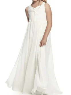 Ivory Flower Girl Dresses V Neck Chiffon Sleeveless A Line Floor Length Sash Kids Social Party Dresses