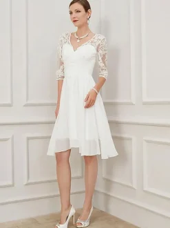 Ivory Short Wedding Dress Knee Length V-Neckline Half Sleeves A-Line Chiffon Bridal Dresses Free Customization