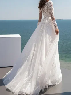 Ivory Simple Wedding Dress With Train V-Neck Long Sleeves Lace A-Line Bridal Dresses Free Customization