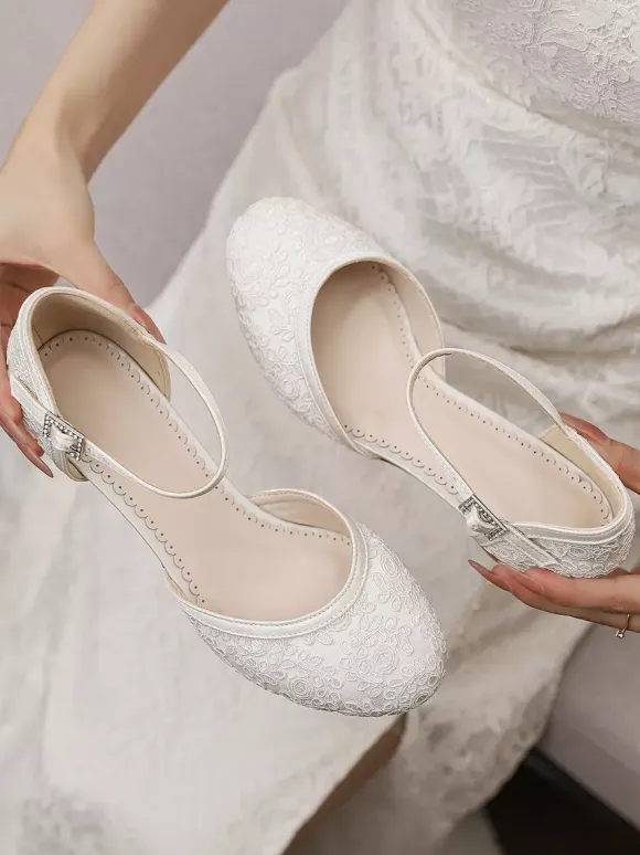 Ivory Vintage Wedding Shoes Round Toe Chunky Heel Bridal Shoes