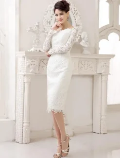 Ivory Wedding Dress Lace Long Sleeve Knee Length Bridal Dress Free Customization