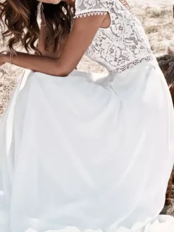 Ivory Wedding Dresses With Train V-Neck Short Sleeves Backless Lace Long Boho Bridal Gowns Free Customization