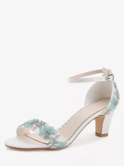 Ivory Wedding Shoes Floral Embroidered Open Toe Chunky Heel Bridal Shoes
