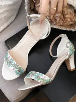 Ivory Wedding Shoes Floral Embroidered Open Toe Chunky Heel Bridal Shoes