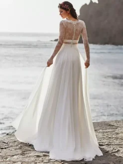 Ivory Boho Wedding Dress Lace A-Line Sweep Long Sleeves V-Neck Bridal Dress Free Customization