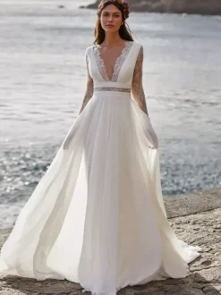 Ivory Boho Wedding Dress Lace A-Line Sweep Long Sleeves V-Neck Bridal Dress Free Customization