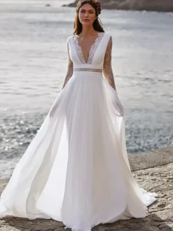 Ivory Boho Wedding Dress Lace A-Line Sweep Long Sleeves V-Neck Bridal Dress Free Customization