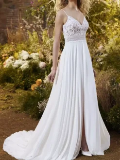 Ivory Boho Wedding Dress With Train A-Line Sleeveless V-Neck Backless Lace Bridal Gowns Free Customization