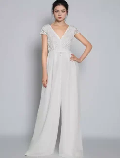Ivory Bridal Jumpsuit Chiffon Lace Floor-Length A-Line Jewel Neck Short Sleeves Bridal Jumpsuit Free Customization