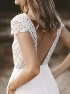 Ivory Bridal Jumpsuit Chiffon Lace Floor-Length A-Line Jewel Neck Short Sleeves Bridal Jumpsuit Free Customization