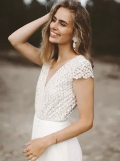 Ivory Bridal Jumpsuit Chiffon Lace Floor-Length A-Line Jewel Neck Short Sleeves Bridal Jumpsuit Free Customization
