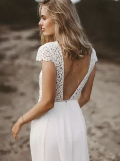 Ivory Bridal Jumpsuit Chiffon Lace Floor-Length A-Line Jewel Neck Short Sleeves Bridal Jumpsuit Free Customization