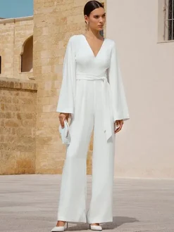 Ivory Bridal Jumpsuit Sash Ankle-Length A-Line V-Neck Long Sleeves Wedding Jumpsuit Free Customization