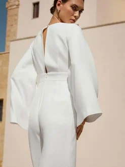 Ivory Bridal Jumpsuit Sash Ankle-Length A-Line V-Neck Long Sleeves Wedding Jumpsuit Free Customization