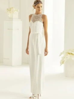 Ivory Bridal Jumpsuit Stretch Crepe Lace Ankle-Length A-Line Illusion Neckline Sleeveless Jumpsuit Free Customization