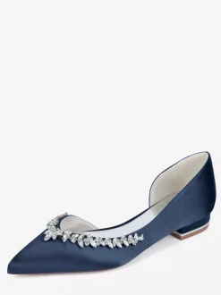 Ivory Flat Wedding Shoes Satin Pointy Toe Rhinestones Bridal Shoes